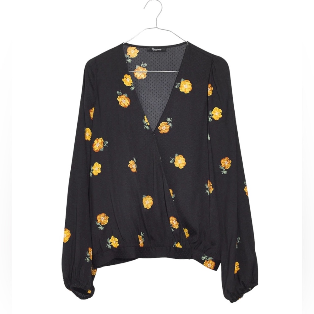 Madewell Bubble-Sleeve Wrap Top in Floating Florets black in color size M NWT - Picture 3 of 4